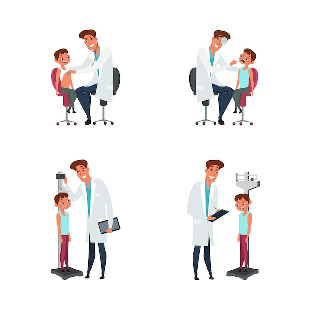 Vector kid and pediatrician illustrations set doctor measuring child height weighting boy examining kid with stethoscope