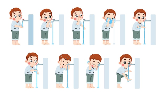 Vector kid performing wudu islamic ablution step by step