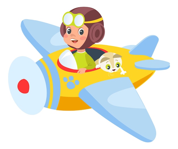 Kid pilot character flying on plane Funny cartoon boy