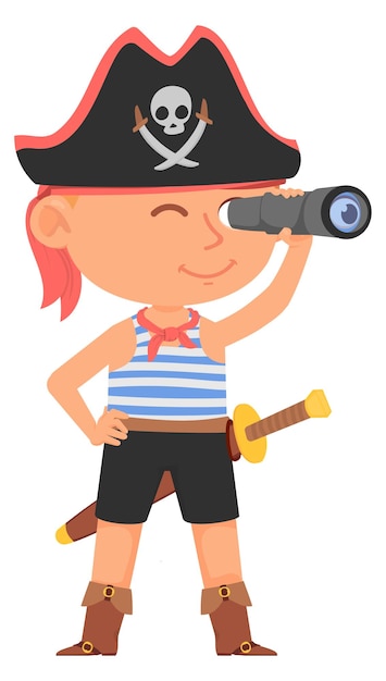 Kid in pirate costume looking in spyglass Cartoon boy