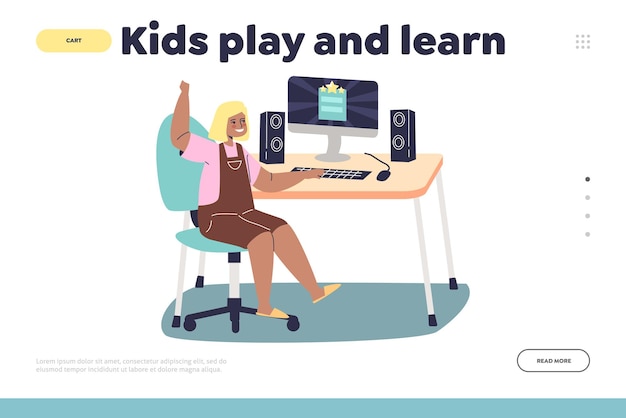 Kid play and learn concept of landing page with girl sit at computer studying online