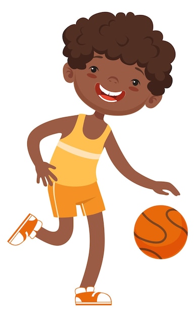 Kid playing basketball Cartoon black boy with ball