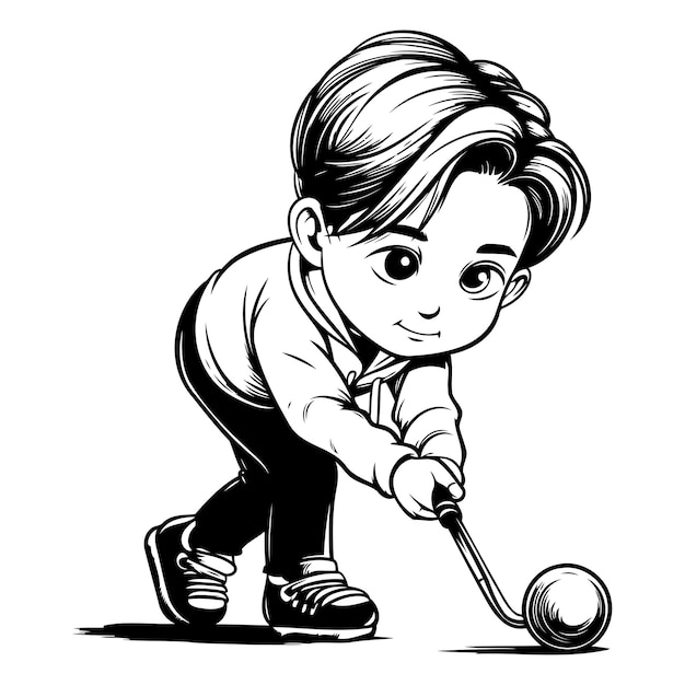 Kid playing golf black and white vector illustration for your design