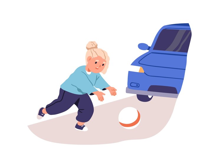 Vector 道路を横断する車の前で失われたボールを求めて走っている子供 危険な状況にある女の子 白い背景に隔離されたフラットグラフィックベクトルイラスト