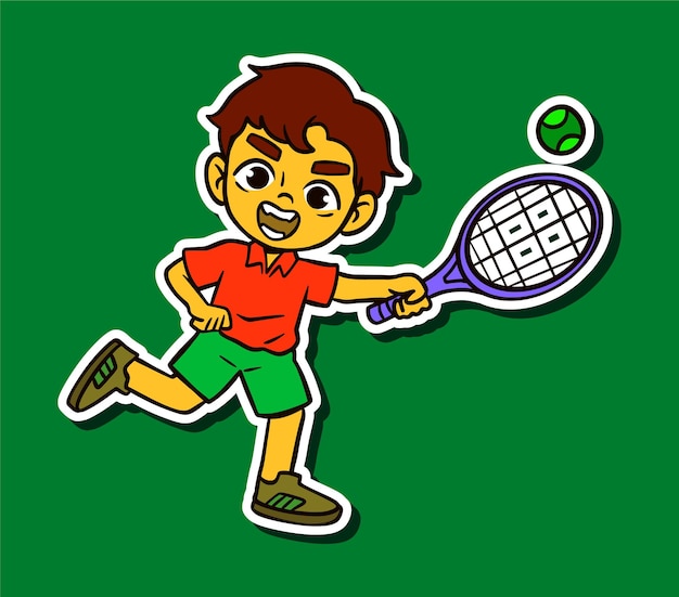 テニスをしている子供のドゥードルステッカーイラスト