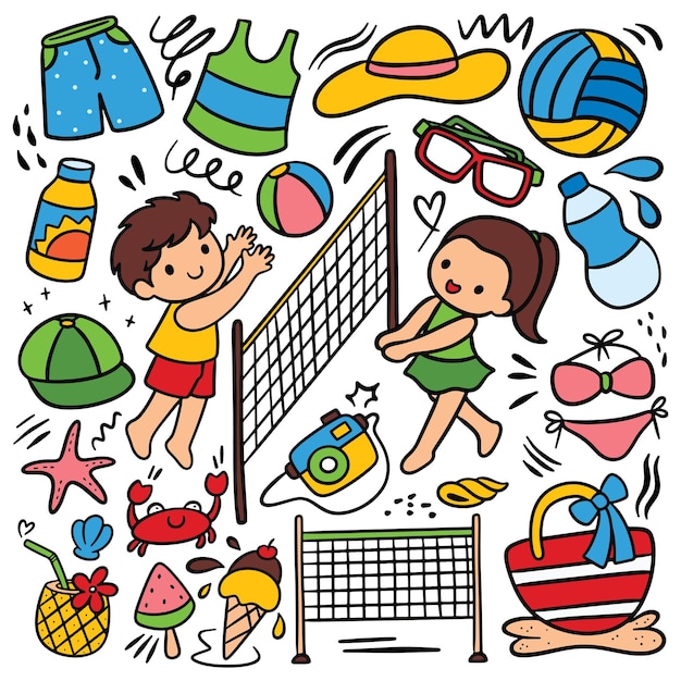 Kid playing volley beach ball cartoon doodle vector clip art