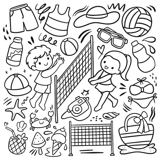 Kid playing volley beach ball cartoon doodle vector clip art