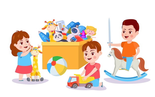 Kid playing with toys. children and box with toy cars, blocks and bear. boy play pretending on rocking horse. kids activity vector concept. child with car and giraffe. funny games for friends