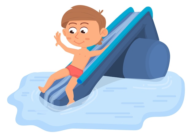 Vector kid on pool water slide cartoon boy having fun