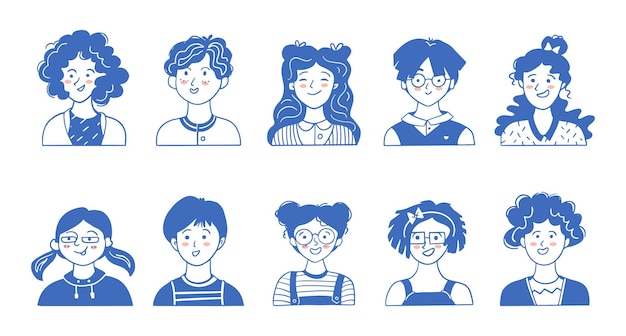 Vector kid portraits set flat design children avatars cartoon illustrations in vector user blue icons on white background