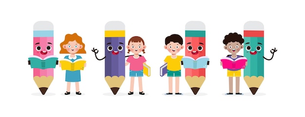 Kid Poseren Met Potlood Karakter Terug naar school cartoon Kinderen vliegen op potlood kinderen rijden pen