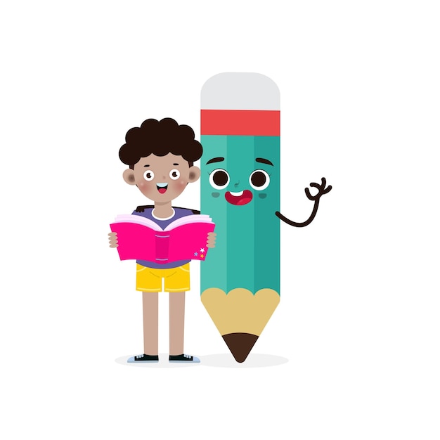 Kid posing with pencil character back to school cartoon children flying on pencil kids riding pen