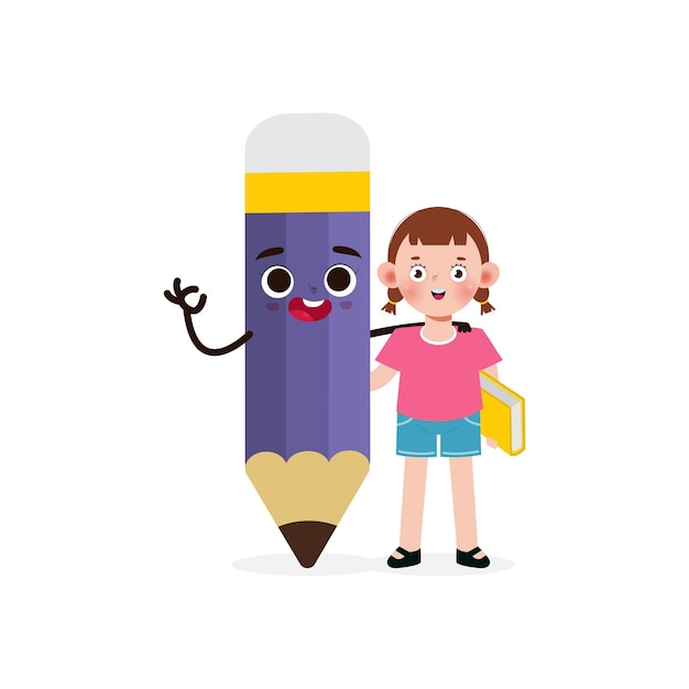Vector kid posing with pencil character back to school cartoon children flying on pencil kids riding pen