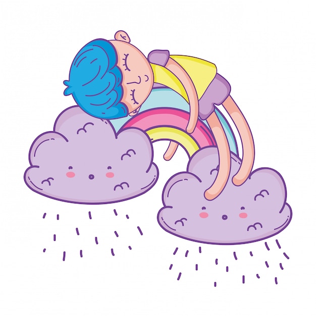 Kid on rainbow and clouds cartoon