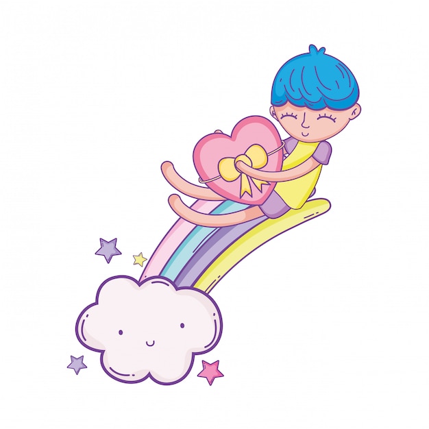 Kid on rainbow and clouds cartoon