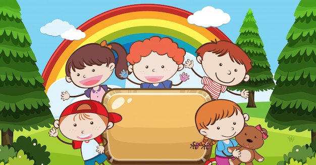 Kid under rainbow con banner