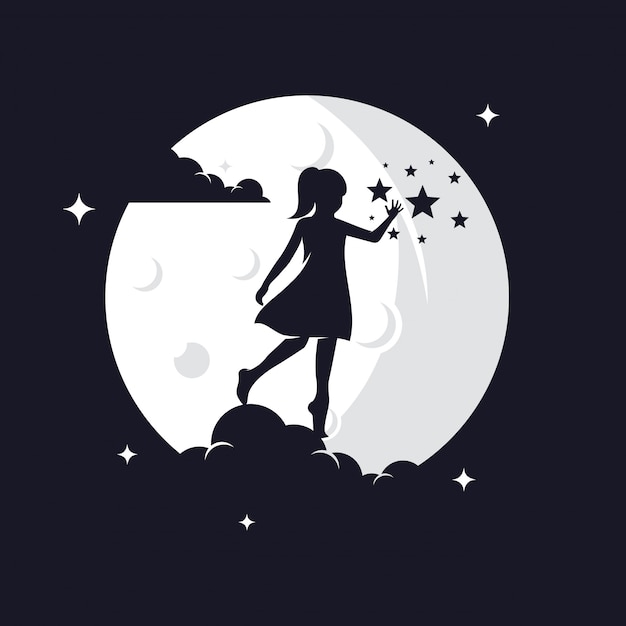 Vector kid reaching stars silhouette against moon