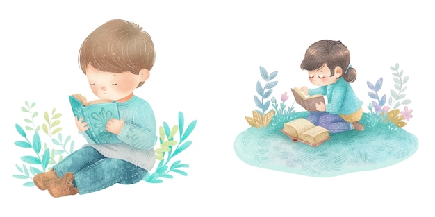 ребенок читает книгу акварель векторная иллюстрация 12