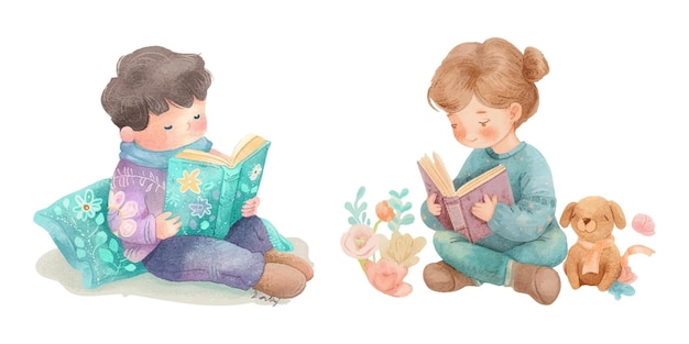 ребенок читает книгу акварель векторная иллюстрация 33