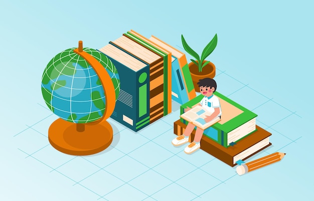 Kid Reading Book With Pile of Books And Globe Vector
