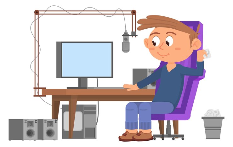 Vector kid recording podcast funny cartoon character sitting at computer desk