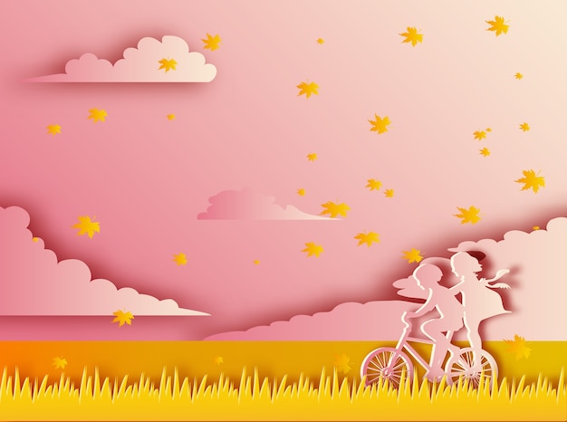 Vector kid ride bicycle on autumn background