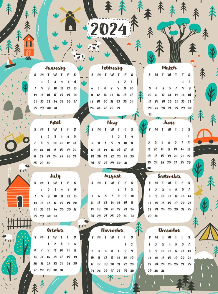Premium Vector Kid's annual calendar 2024 with cute map roads cars