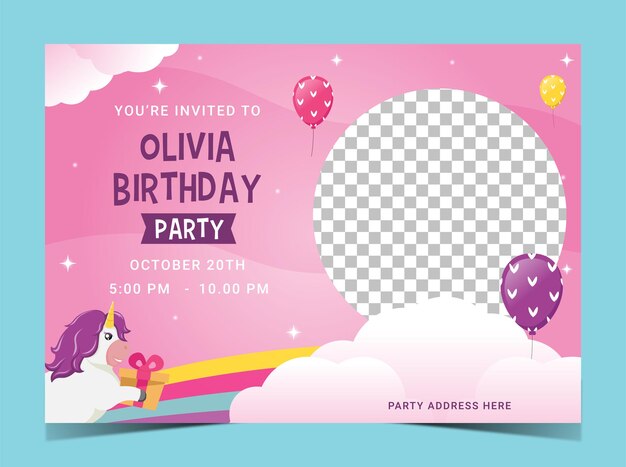 Vettore modello di biglietto d'invito per il compleanno del bambino con unicorno e nuvola.