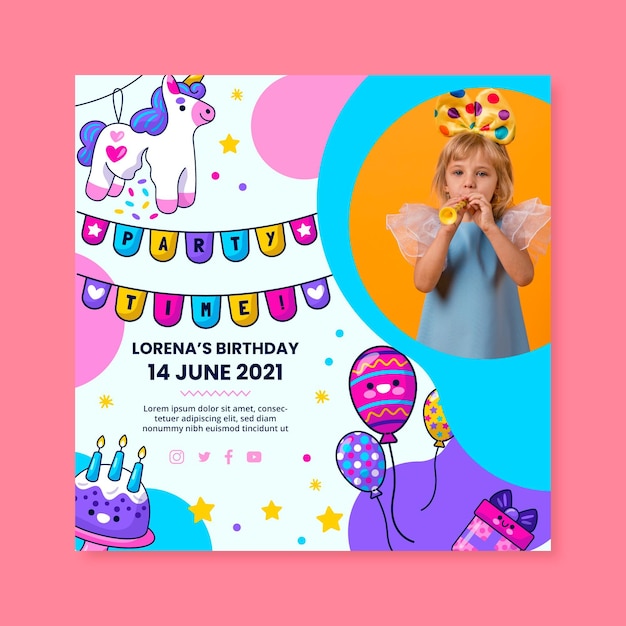 Vector kid's birthday squared flyer template