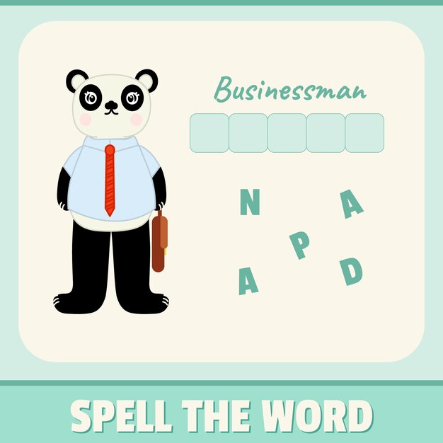 Vector kid's spell word game with cute business panda