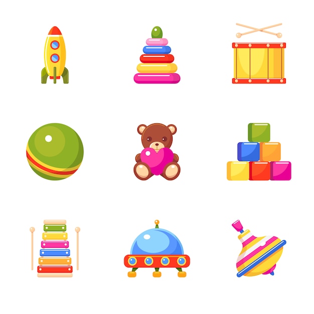 Kid's toys icon set. Ball, pyramid, rocket, xylophone, toy blocks, drum, ufo, whirligig and bear. Collection for small children.  colorful illustration.