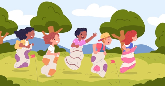 Kid sack race Children competition jump in sacks summer outdoor fun game happy young jumping boys and girls play outside indonesian independence day classy vector illustration