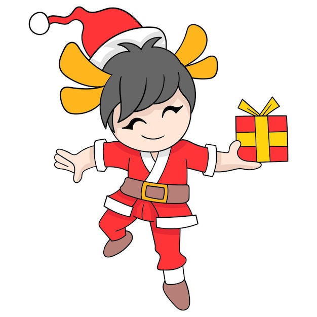 Kid in santa claus christmas dress handing out gifts vector illustration art doodle icon image kawaii