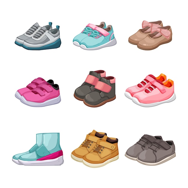 Vector kid shoes set cartoon vector illustration