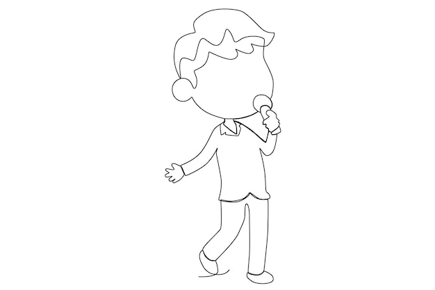 A kid singing a song with a mic one line art