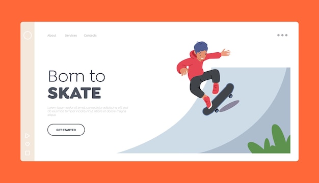 Kid skateboarden in skatepark landing page template jonge jongen in moderne kleding springen op skateboard buitenshuis