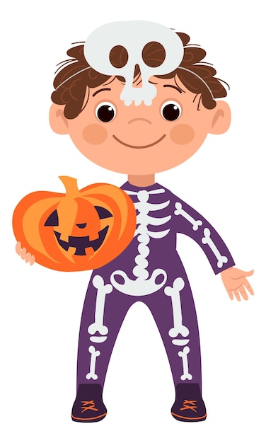 Kid in skeleton costume Halloween cartoon boy hold pumpkin