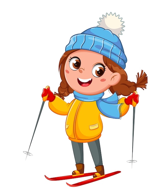 Premium Vector  Kid skiing cute skier girl cartoon character winter sport  hello winter concept