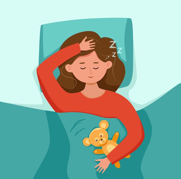 Kid sleep in bed at night illustration