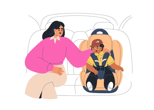 Kid sleeping in baby car seat Mother and toddler asleep sitting in childs chair for little passenger safety Mom and boy son during auto travel Flat vector illustration isolated on white background