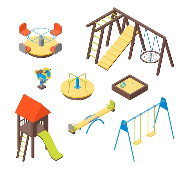 Kid Speeltuin Elementen 3D Pictogrammen Set Isometrische Weergave Vector