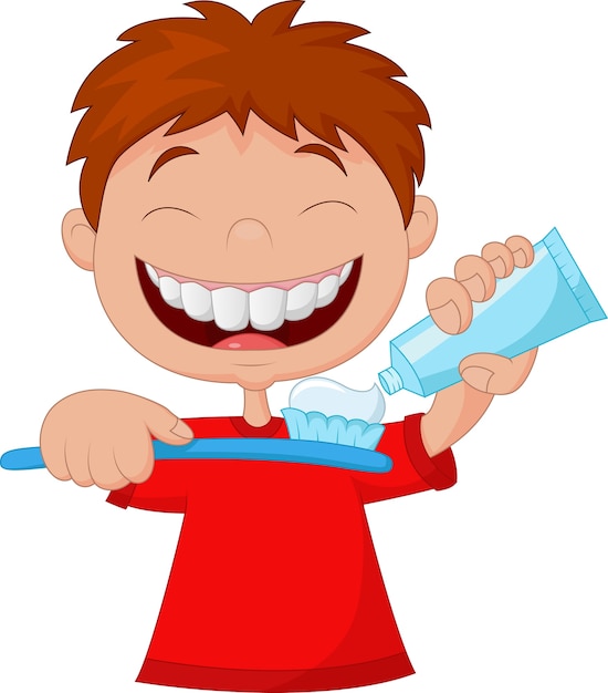 Vector kid squeezing tooth paste on a toothbrush