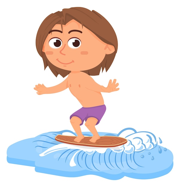 Kid staan op surfplank Happy cartoon kind in de zomer