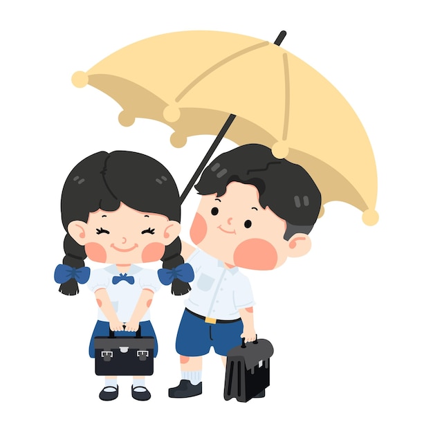 Kid student couple standing under an umbrella