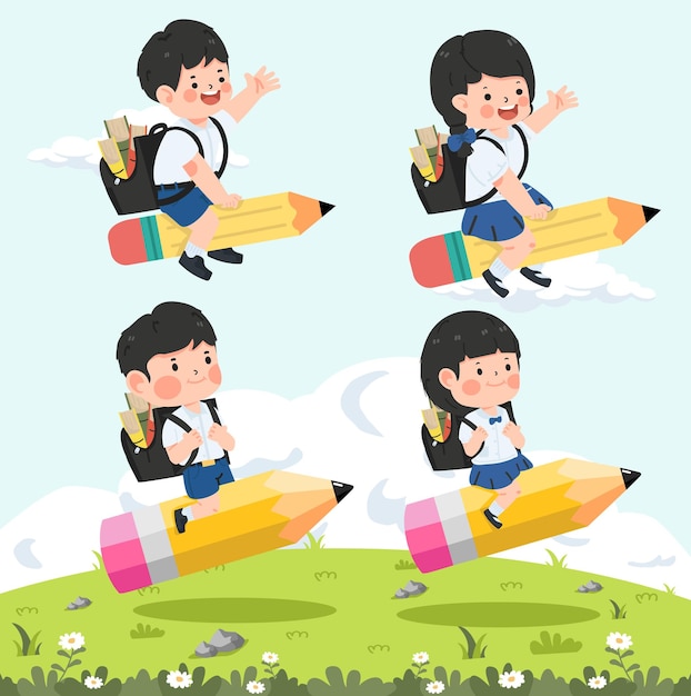 Kid students Flying With Pencil set