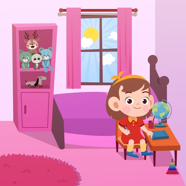 Kid study in room vector illustration