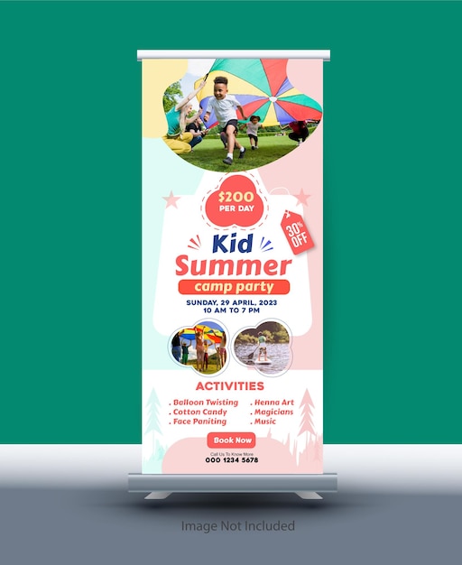 Kid summer camp roll up banner design template