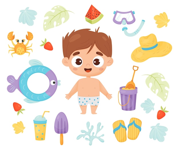 Kid summer time Happy boy beachgoer with beach accessories rubber circle ice cream in cartoon style