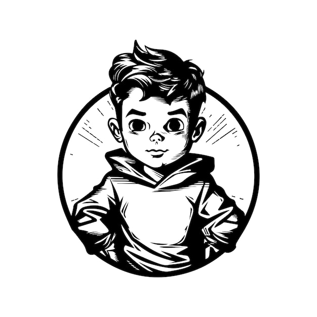 Vector kid superhero vintage logo line art concept black and white color hand drawn illustration