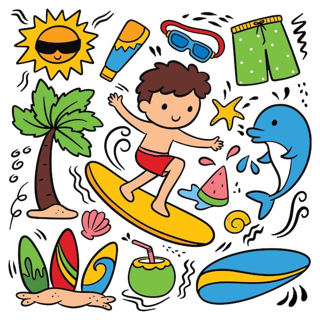 Vettore kid surfing, collezione di doodle a tema estivo, clipart vettoriali